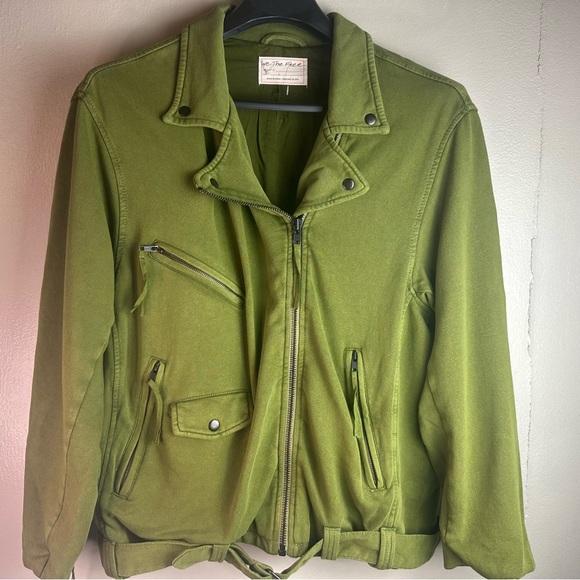 Free People-We the People olive Rebel Knit Oversized Moto Jacket Sz L - Picture 3 of 13